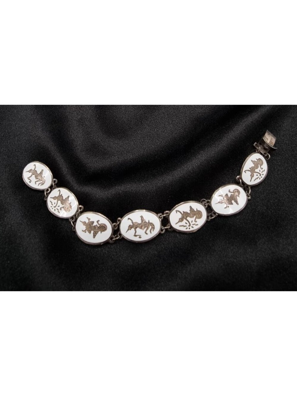 Vintage Siam Signed Sterling Silver White Enamel Bracelet With Mythical Dancer D